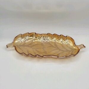 Carnival Glass Double Leaf Shaped Dish Vintage Iridescent Orange Candy‎ Trinket